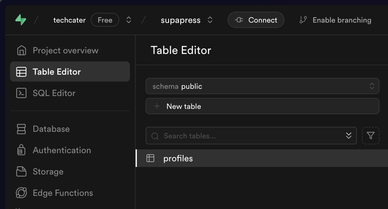 Create a new supabase table